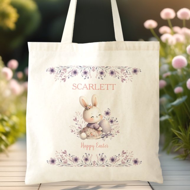 Bolso De Tela Chica de flores moradas lindo conejo nombre caza d (Cute Bunny Purple Floral Girl Name Easter Egg Hunt Tote Bag)