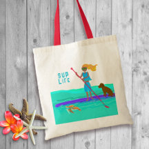 Chica de paddleboard ilustrada con perro y tortuga