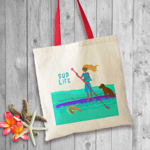 Bolso De Tela Chica de paddleboard ilustrada con perro y tortuga