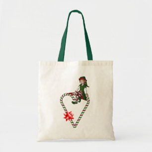 Bolso De Tela Chica Elf Candy Cane Navidades del corazón de vaca