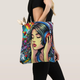 Bolso De Tela Chica escuchando música sobre audífonos Psicodélic