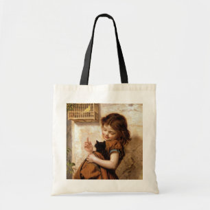 Bolso De Tela Chica, gato y pájaro - pintura del gatito del