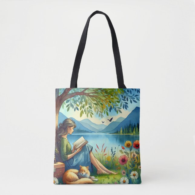 Bolso De Tela Chica leyendo un libro bajo un árbol con un gato s (Anverso)