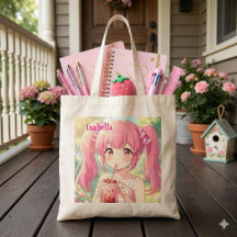 Chica linda de anime en rosa bebiendo té de burbuj