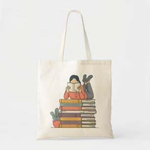 Bolso De Tela Chica linda leyendo en una pila de libros