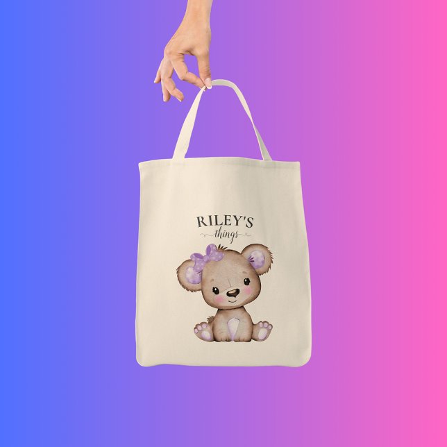 Bolso De Tela Chica lindo Marrón Oso Púrpura Monogramado Bebé (Subido por el creador)