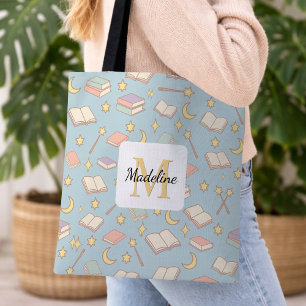 Bolso De Tela Chica Mágica Personalizada con Nombre Azul y Libro