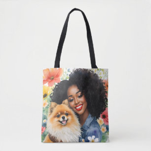 Bolso De Tela Chica Negro bonito Con Arte Floral Pomeraniano