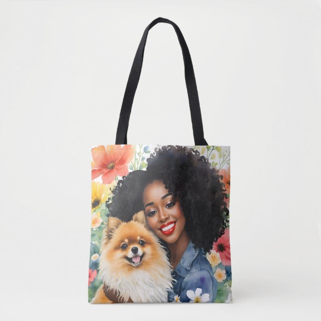 Bolso De Tela Chica Negro bonito Con Arte Floral Pomeraniano (Anverso)