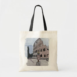 Bolso De Tela Chica parado frente al Coliseo.