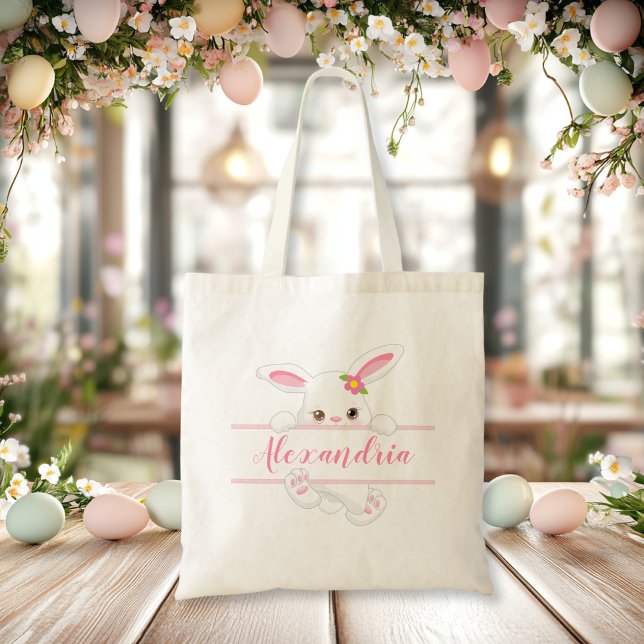 Bolso De Tela Chica personalizado de conejito rosa de pascua (Cute Pink Easter Bunny Personalized Girl Tote Bag)
