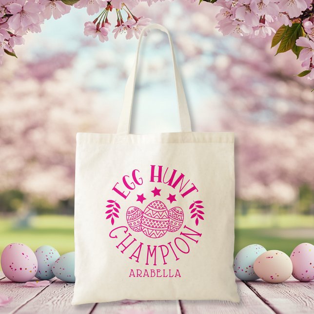 Bolso De Tela Chica rosa campeón de la caza personalizada de hue (Personalized Easter Egg Hunt Champion Pink Girl Tote Bag)