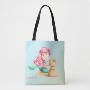 Bolso De Tela Chica Sirena Jugando con la Arena Personalizado