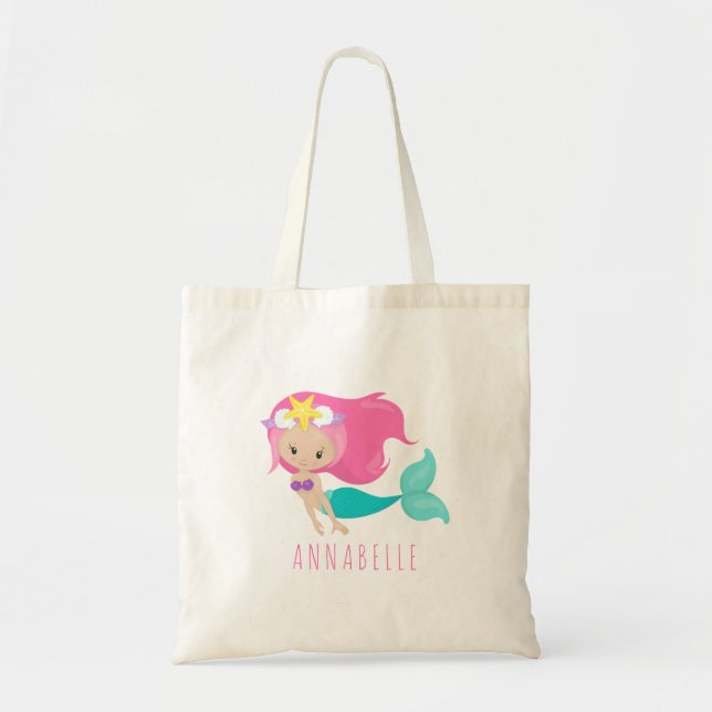 Bolso De Tela Chica Sirena Niños Princesas Cuelgan El Pelo Rosa (Frente)