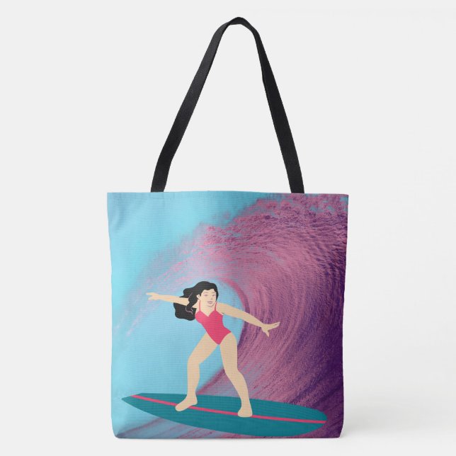 Bolso De Tela Chica surfeando al atardecer. (Anverso)