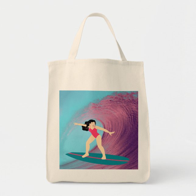 Bolso De Tela Chica surfeando al atardecer. (Frente)