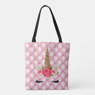Bolso De Tela Chica Unicornio de Purpurina Dorada y Rosas Rojas