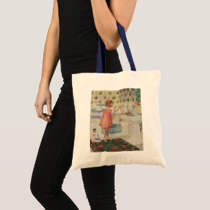 Bolso De Tela Chica Vintage, niña haciendo la colada colgando ro