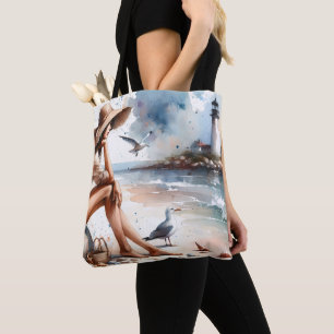 Bolso De Tela Chica y faro de playa costera