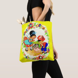 Bolso De Tela chica y niño y letra de gatito y cachorro