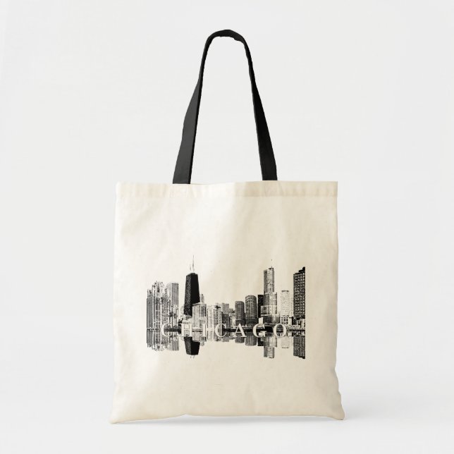 Bolso De Tela Chicago, horizonte de Illinois con tinta negra (Frente)