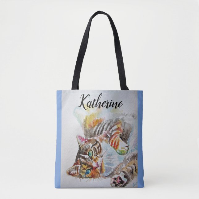 Bolso De Tela Chicas Cuidados Tabby Gato Jugando Mascota De Come (Anverso)
