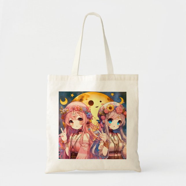 Bolso De Tela Chicas de la Luna Hippie, Chica anime, dan un sign (Frente)