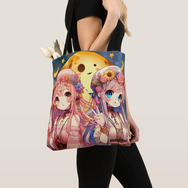 Bolso De Tela Chicas de la Luna Hippie, Chica anime, dan un sign (Detalle)