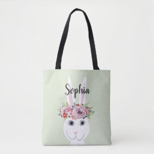 Bolso De Tela Chicas Flores caprichosas acuarela Conejo y nombre