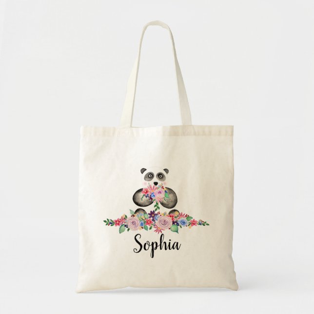 Bolso De Tela Chicas Hermosas Flores Acuarela Panda y Nombre (Frente)