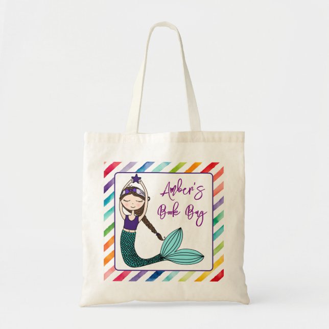 Bolso De Tela chicas libro de escuela personalizado Mermaid (Frente)