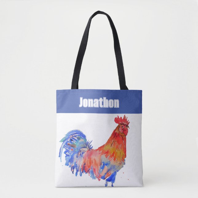 Bolso De Tela Chicken Rooster Bird Kids Boys Name Blue Red (Anverso)