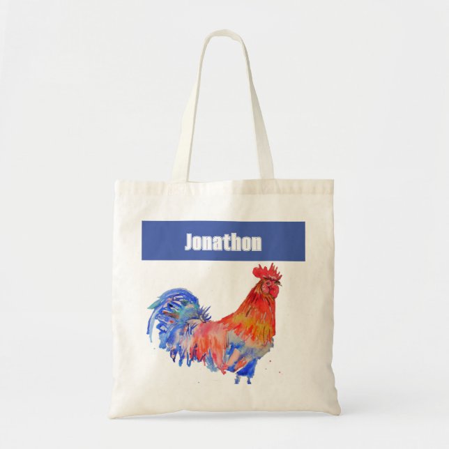 Bolso De Tela Chicken Rooster Bird Kids Boys Name Blue Red (Frente)