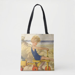 Bolso De Tela Chico antiguo jugando en la playa con juguetes de 