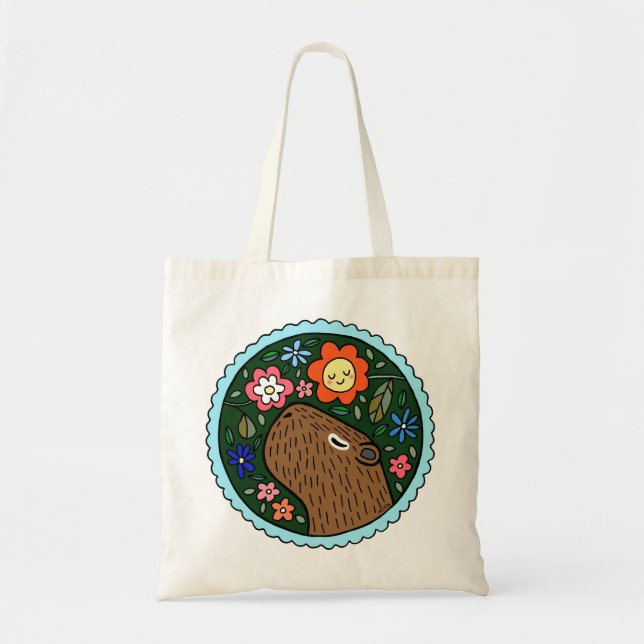 Bolso De Tela Chigüiro en flor feliz Capibara Arte chillón (Frente)