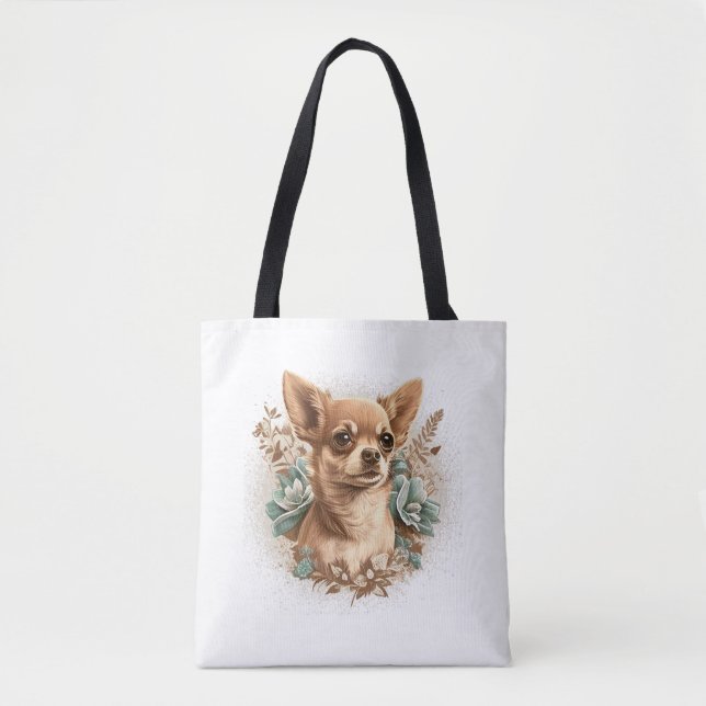 Bolso De Tela Chihuahua Cute Dog, hermosa Chica de flores (Anverso)