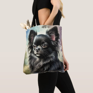 Bolso De Tela Chihuahua negro de pelo largo en acuarela