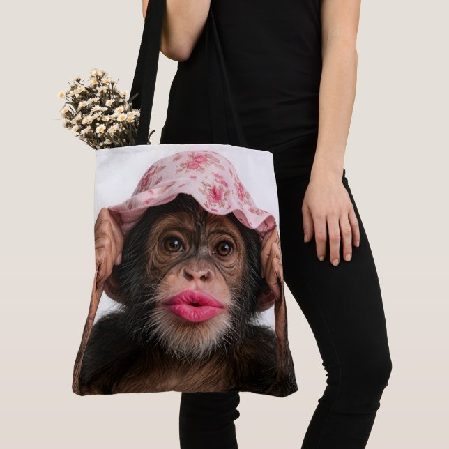 Bolso De Tela Chimpancé con lápiz labial rosa (Detalle)