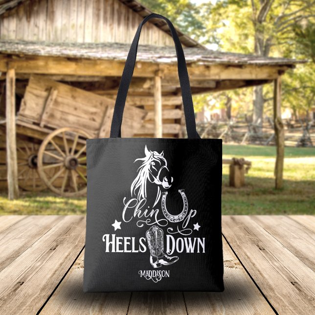Bolso De Tela Chin up hel down cowgirl horse lover tote (Personalized cowgirl tote bag, quote: Chin up, heels down. Horse lover, western riding, horse.)