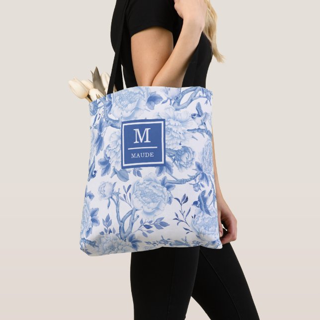 Bolso De Tela Chinoiserie azul Peony Garden Monograma (Detalle)