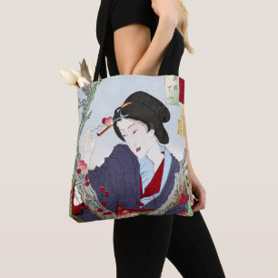 Bolso De Tela Chinoiserie Dama Japonesa y Flor de Cerezo Roja