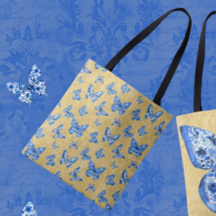 Bolso De Tela Chinoiserie Mariposas Blancas Azules En Oro