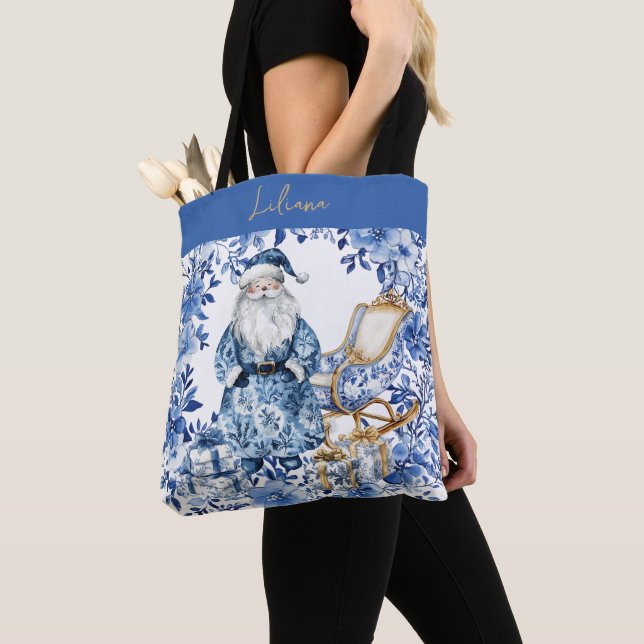 Bolso De Tela Chinoiserie Navidades Blue White Floral Santa (Detalle)