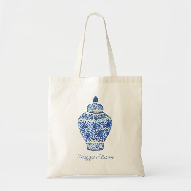 Bolso De Tela Chinoiserie Watercolor Ginger Jar (Frente)