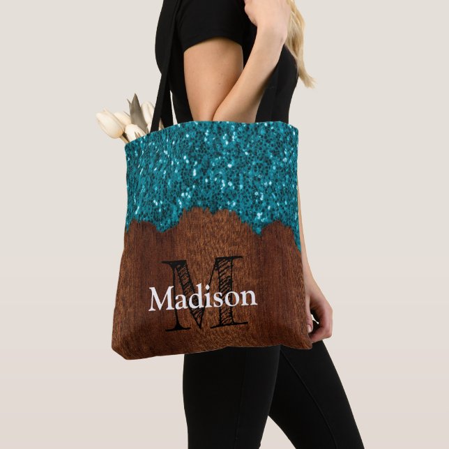 Bolso De Tela Chispas de azul aqua madera marrón rústica Monogra (Detalle)