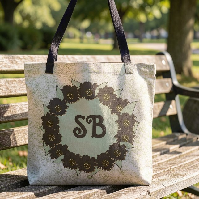 Bolso De Tela Chocolate Brown Flower Wreath On Speckled Green (Chocolate brown flowers & leaves on a speckled background with your initials in the center.)