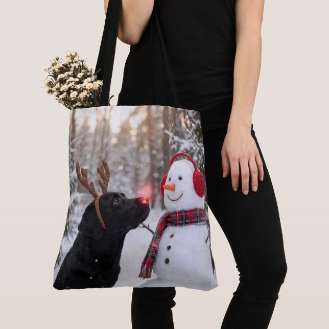 Bolso De Tela Christmas Black Labrador Retriever with Snowman (Detalle)