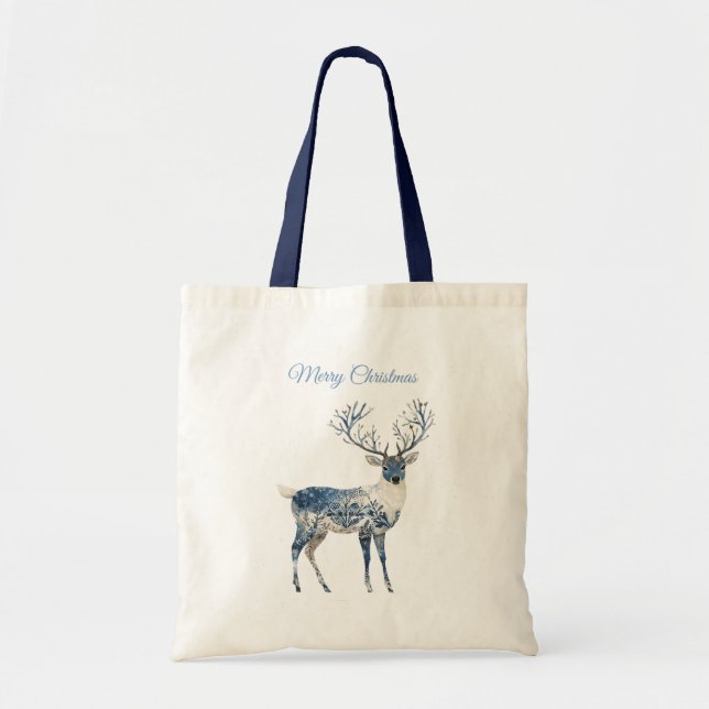 Bolso De Tela Christmas Blue White Chic Deer & Fox (Frente)