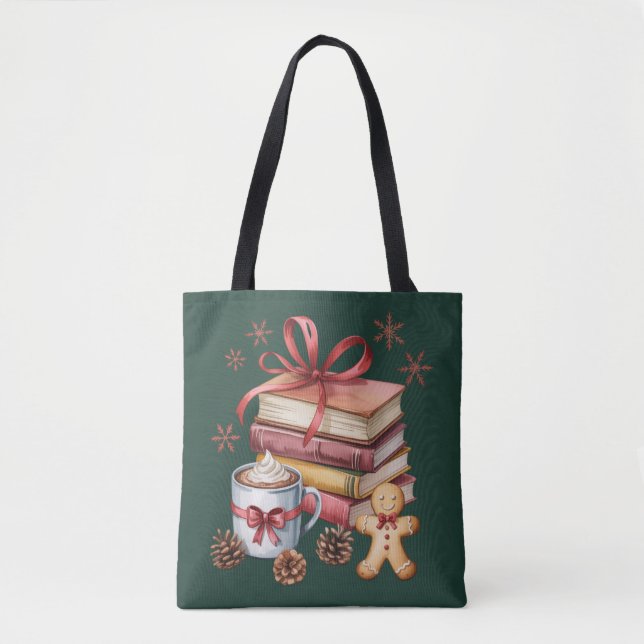 Bolso De Tela Christmas Books Gingerbread Books Cocoa Bookish (Anverso)