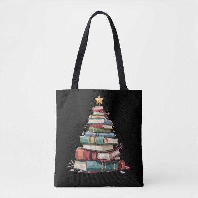 Bolso De Tela Christmas Books Tree Book Lover Teachers Bookworm  (Anverso)